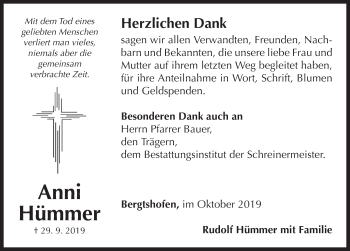 Traueranzeige von Anni Hümmer von Fränkische Landeszeitung