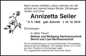 Traueranzeige von Annizetta Seiler von Dinkelsbühl/ Feuchtwangen