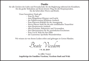 Traueranzeige von Beate Vicedom von Fränkische Landeszeitung