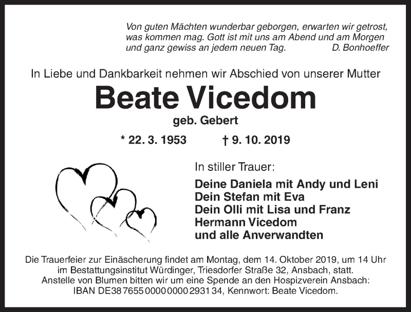  Traueranzeige für Beate Vicedom vom 12.10.2019 aus Ansbach