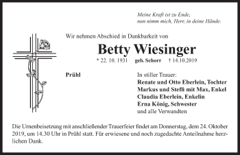 Traueranzeige von Betty Wiesinger von Neustadt/ Scheinfeld/ Uffenheim