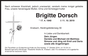 Traueranzeige von Brigitte Dorsch von Ansbach