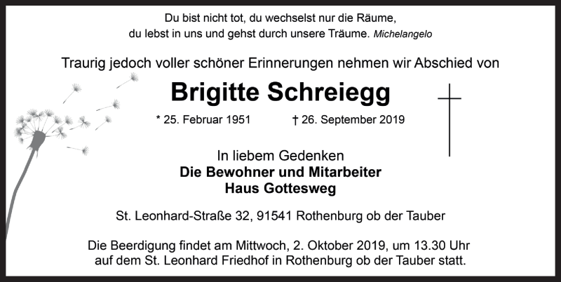  Traueranzeige für Brigitte Schreiegg vom 01.10.2019 aus Rothenburg