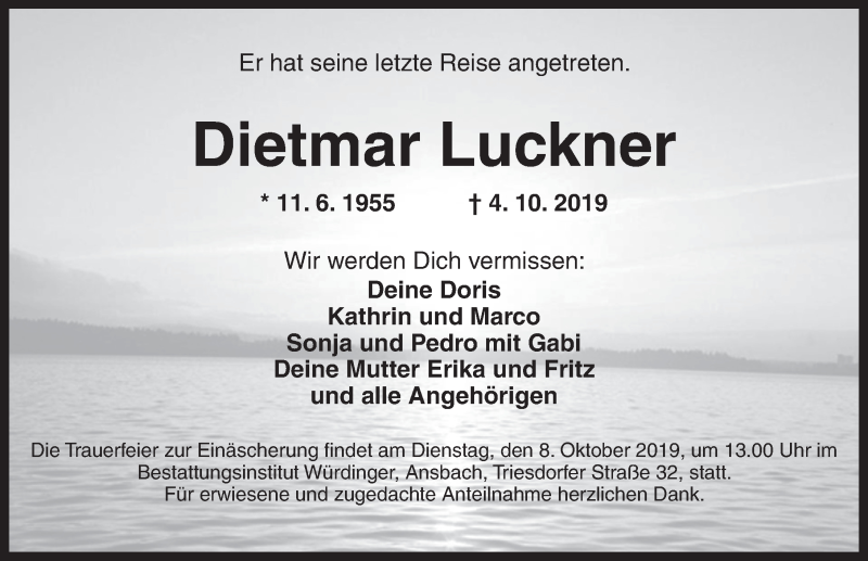 Traueranzeige für Dietmar Luckner vom 07.10.2019 aus Ansbach