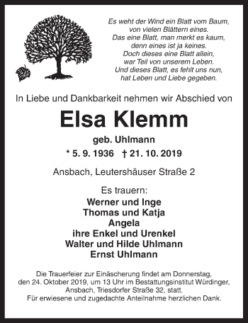 Traueranzeige von Elsa Klemm von Ansbach