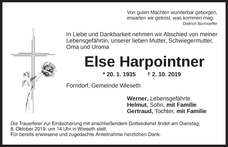  Traueranzeige für Else Harpointner vom 05.10.2019 aus Dinkelsbühl/ Feuchtwangen