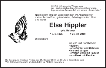 Traueranzeige von Else Hippler von Dinkelsbühl/ Feuchtwangen