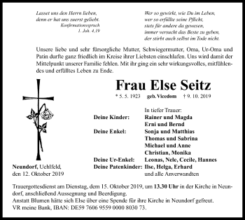 Traueranzeige von Else Seitz von Neustadt/ Scheinfeld/ Uffenheim