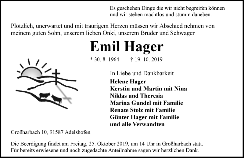  Traueranzeige für Emil Hager vom 23.10.2019 aus Neustadt/ Scheinfeld/ Uffenheim