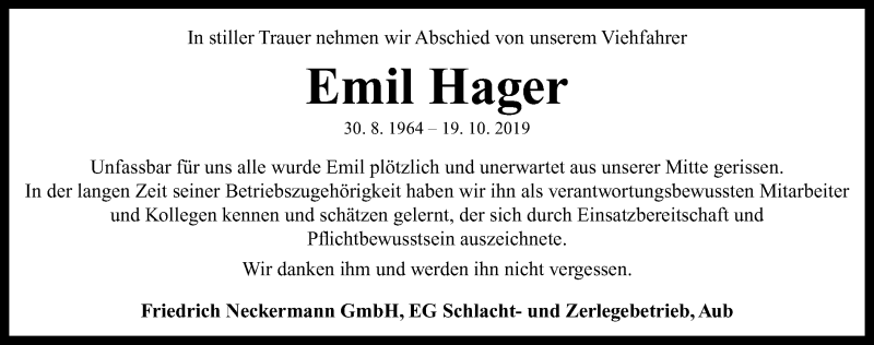  Traueranzeige für Emil Hager vom 24.10.2019 aus Neustadt/ Scheinfeld/ Uffenheim