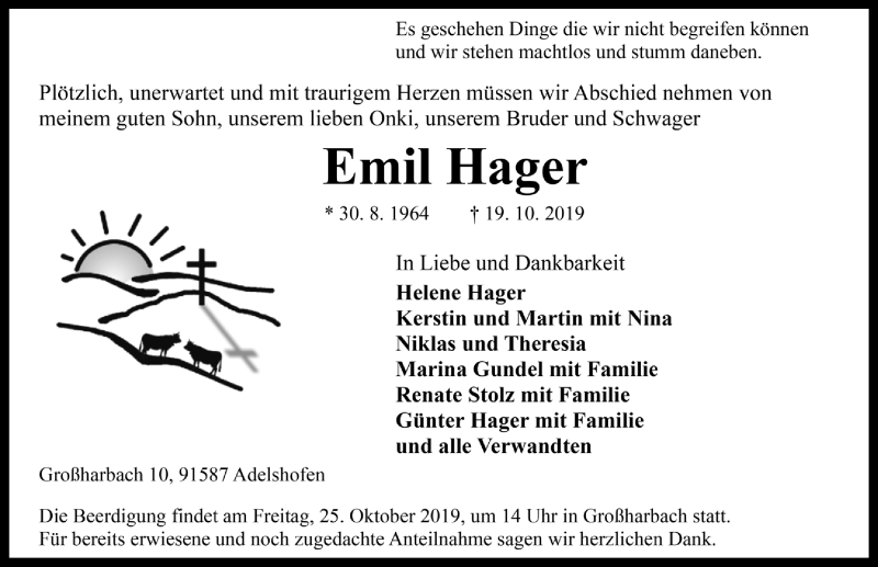  Traueranzeige für Emil Hager vom 23.10.2019 aus Rothenburg