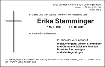 Traueranzeige von Erika Stamminger von Ansbach