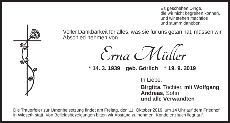  Traueranzeige für Erna Müller vom 09.10.2019 aus Dinkelsbühl/ Feuchtwangen