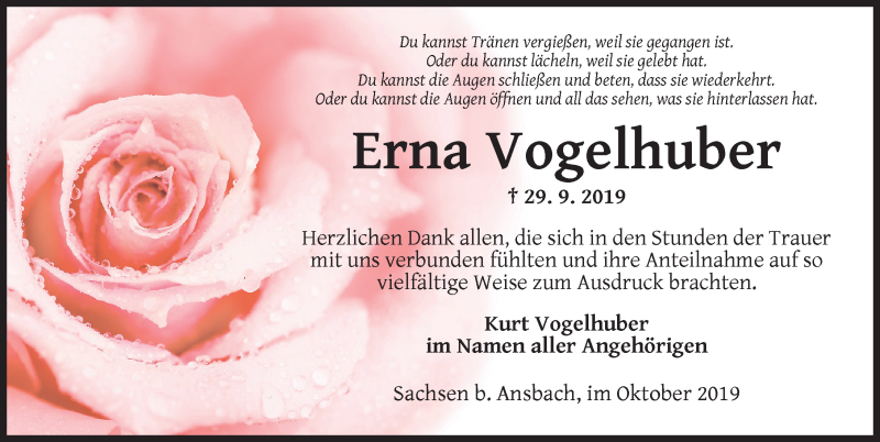  Traueranzeige für Erna Vogelhuber vom 19.10.2019 aus Fränkische Landeszeitung