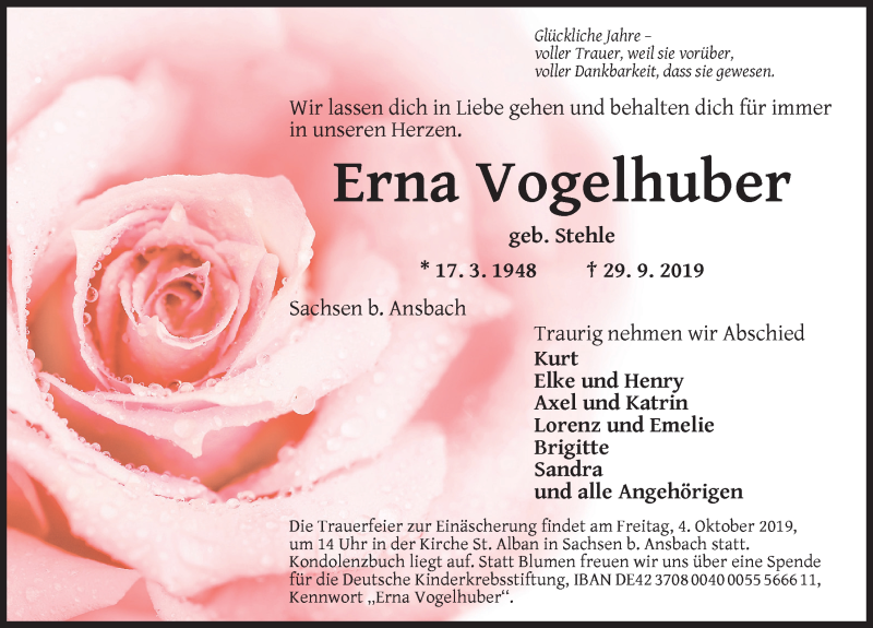  Traueranzeige für Erna Vogelhuber vom 02.10.2019 aus Ansbach