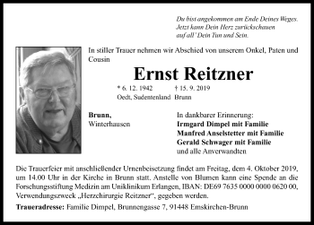 Traueranzeige von Ernst Reitzner von Neustadt/ Scheinfeld/ Uffenheim