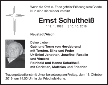 Traueranzeige von Ernst Schultheiß von Neustadt/ Scheinfeld/ Uffenheim