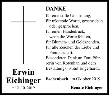 Traueranzeige von Erwin Eichinger von Neustadt/ Scheinfeld/ Uffenheim