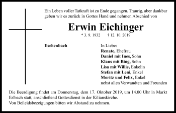 Traueranzeige von Erwin Eichinger von Neustadt/ Scheinfeld/ Uffenheim