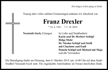 Traueranzeige von Franz Drexler von Neustadt/ Scheinfeld/ Uffenheim