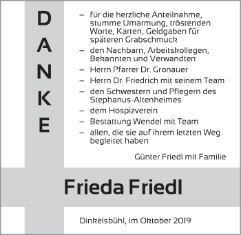 Traueranzeige von Frieda Friedl von Dinkelsbühl/ Feuchtwangen