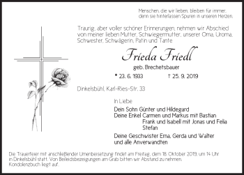 Traueranzeige von Frieda Friedl von Dinkelsbühl/ Feuchtwangen