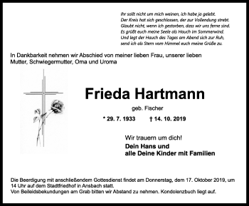 Traueranzeige von Frieda Hartmann von Ansbach