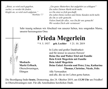 Traueranzeige von Frieda Megerlein von Neustadt/ Scheinfeld/ Uffenheim