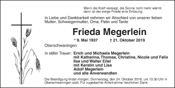 Traueranzeige von Frieda Megerlein von Dinkelsbühl/ Feuchtwangen