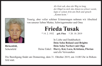 Traueranzeige von Frieda Tusak von Neustadt/ Scheinfeld/ Uffenheim