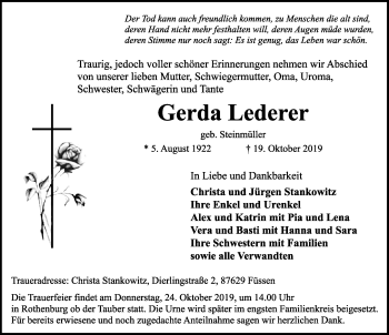 Traueranzeige von Gerda Lederer von Rothenburg (Fränkischer Anzeiger)