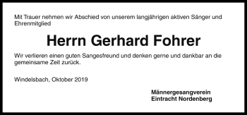 Traueranzeige von Gerhard Fohrer von Rothenburg