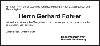 Traueranzeige von Gerhard Fohrer von Rothenburg (Fränkischer Anzeiger)