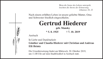 Traueranzeige von Gertrud Hiederer von Ansbach