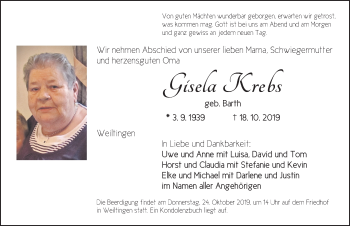 Traueranzeige von Gisela Krebs von Dinkelsbühl/ Feuchtwangen