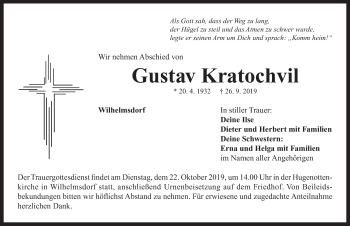 Traueranzeige von Gustav Kratochvil von Neustadt/ Scheinfeld/ Uffenheim