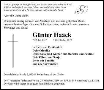 Traueranzeige von Günter Haack von Rothenburg