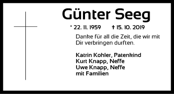 Traueranzeige von Günter Seeg von Neustadt/ Scheinfeld/ Uffenheim