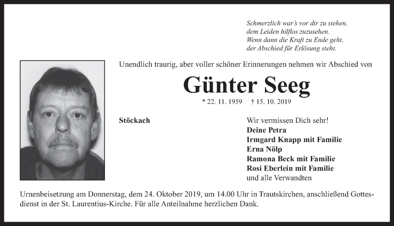  Traueranzeige für Günter Seeg vom 21.10.2019 aus Neustadt/ Scheinfeld/ Uffenheim