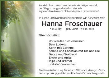 Traueranzeige von Hanna Froschauer von Neustadt/ Scheinfeld/ Uffenheim