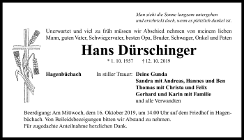 Traueranzeige von Hans Dürschinger von Neustadt/ Scheinfeld/ Uffenheim