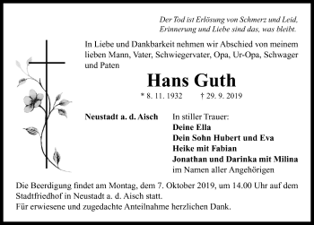 Traueranzeige von Hans Guth von Neustadt/ Scheinfeld/ Uffenheim