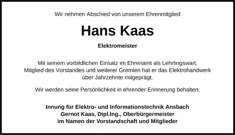  Traueranzeige für Hans Kaas vom 18.10.2019 aus Rothenburg
