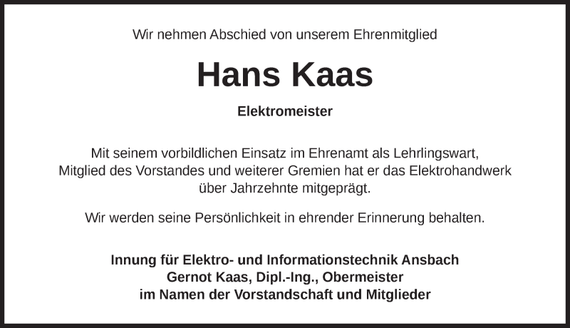  Traueranzeige für Hans Kaas vom 18.10.2019 aus Gesamtausgabe