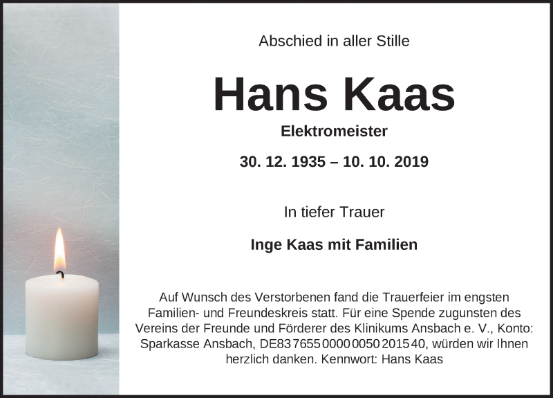  Traueranzeige für Hans Kaas vom 17.10.2019 aus Ansbach