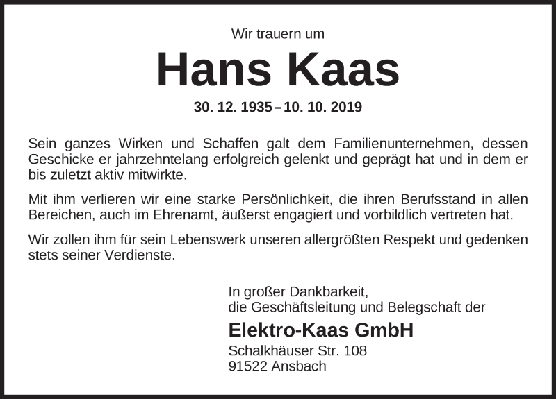  Traueranzeige für Hans Kaas vom 17.10.2019 aus Gesamtausgabe