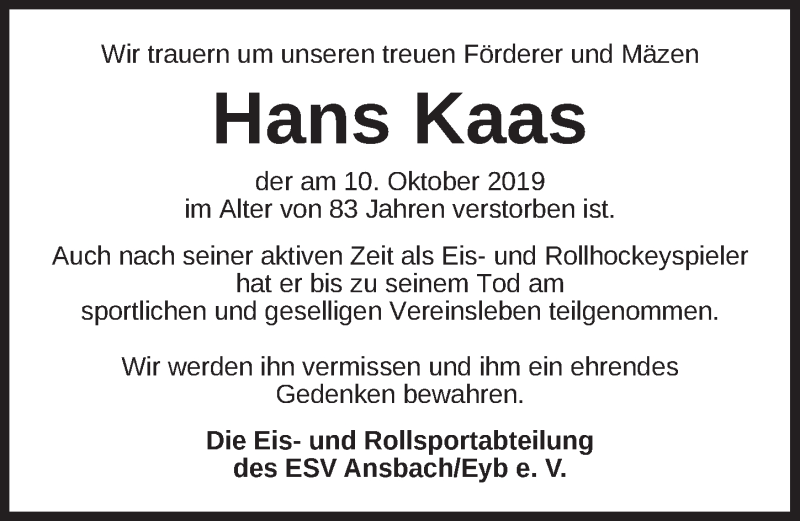  Traueranzeige für Hans Kaas vom 18.10.2019 aus Ansbach