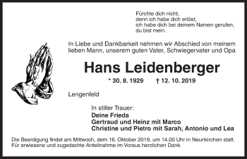 Traueranzeige von Hans Leidenberger von Ansbach