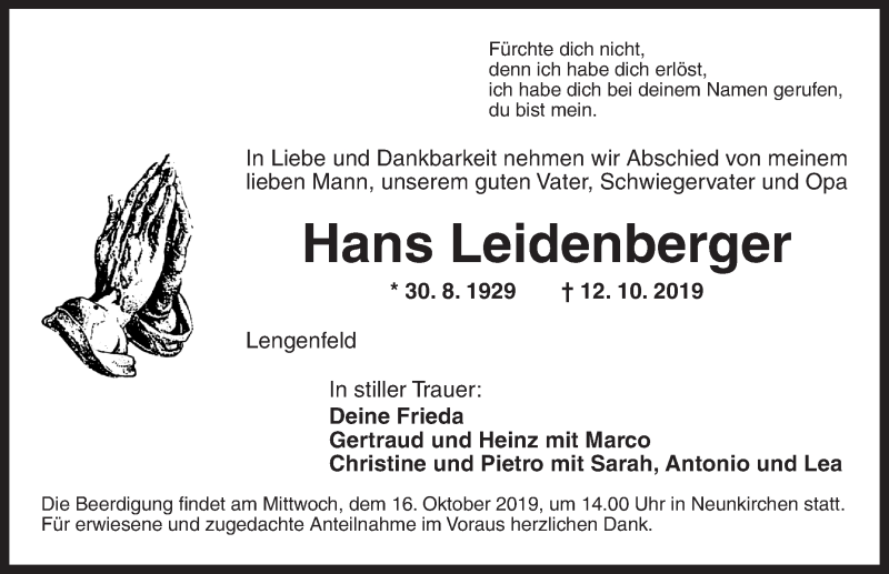  Traueranzeige für Hans Leidenberger vom 14.10.2019 aus Ansbach