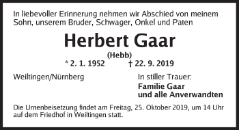 Traueranzeige von Herbert Gaar von Dinkelsbühl/ Feuchtwangen